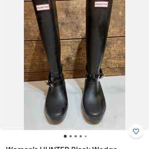 Women’s HUNTER Black Wedge Platform Rubber Rain Tall Boots Buckle